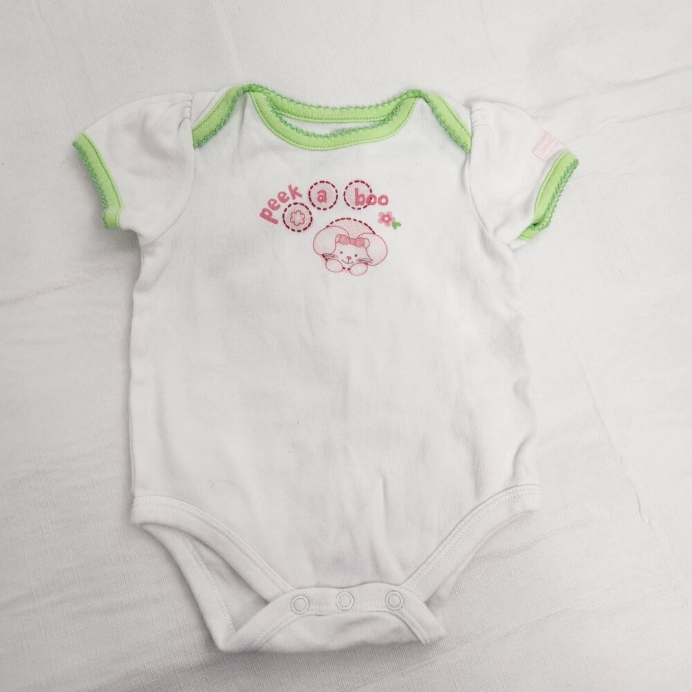 Peekaboo Bunny Green Trim White 3 To 6 Month Infant One Piece Bodysuit - Picture 1 of 7